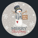 Cute Merry Christmas Snowman Let It Snow Classic Round Sticker<br><div class="desc">This cute holiday sticker features snowman holding sign saying "Let it Snow". Perfect for this Christmas season.</div>