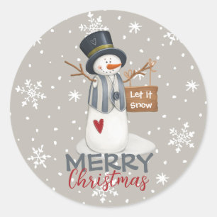 Cute Merry Christmas Snowman Let It Snow Classic Round Sticker