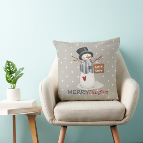 Cute Merry Christmas Snowman Let It Snow Throw Pillow