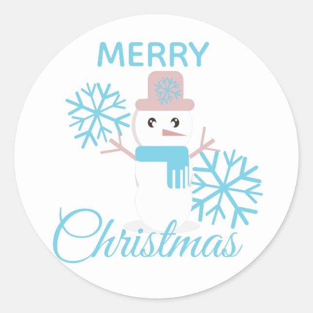 Cute Merry Christmas Snowman Snowflakes Character Classic Round Sticker (Front)