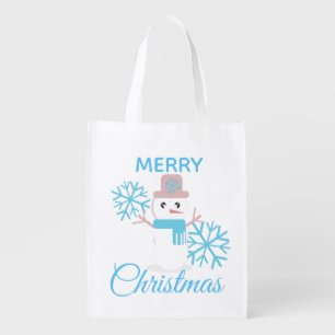 Cute Merry Christmas Snowman Snowflakes Character  Grocery Bag