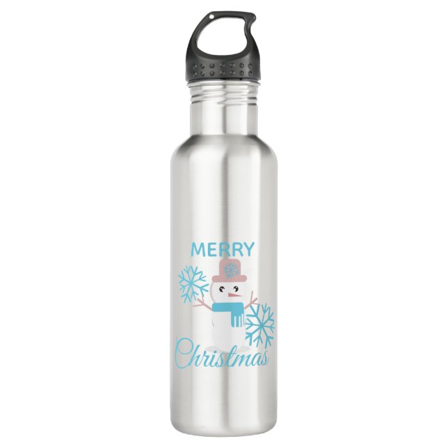 Cute Merry Christmas Snowman Snowflakes Character Stainless Steel Water Bottle (Front)