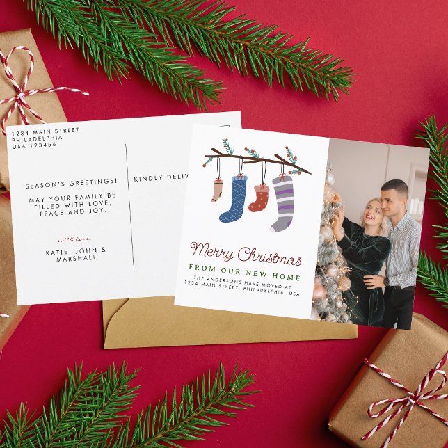 Cute Merry Christmas Stockings New Home Moving Announcement Postcard (Creator Uploaded)