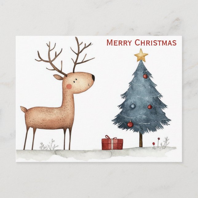 Cute Merry Christmas Tree Reindeer Whimsical Postcard (Front)