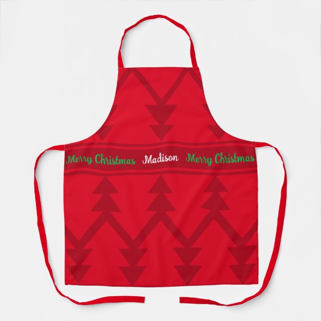 Cute Merry Christmas Trees Custom Name Red Apron (Front)