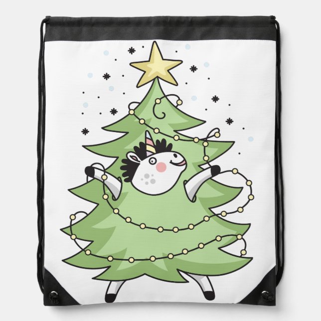 Cute Merry Christmas unicorn Drawstring Bag (Front)