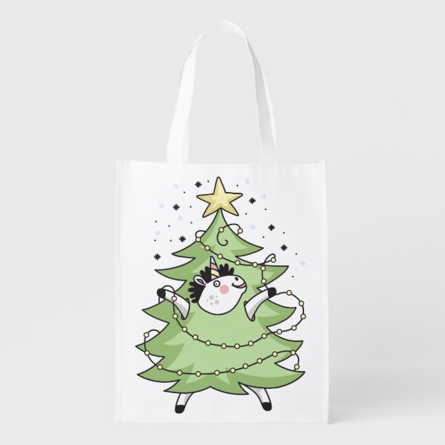 Cute Merry Christmas unicorn Grocery Bag (Front)