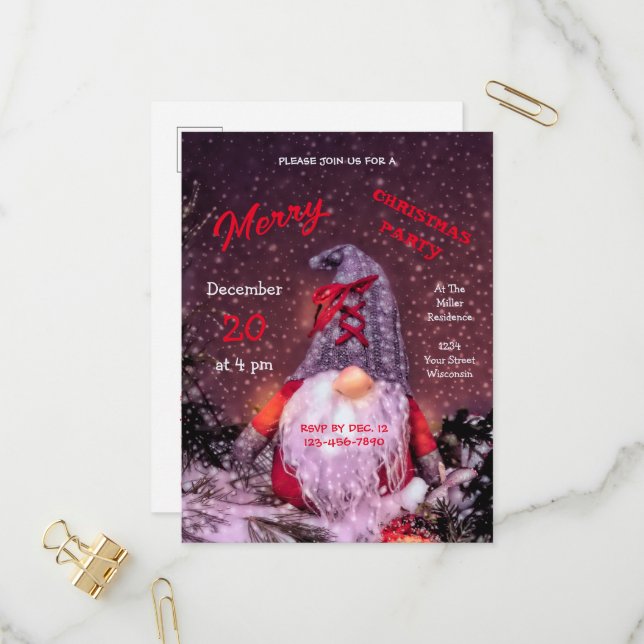 Cute Merry Christmas Whimsical Gnome Holiday Tree Invitation Postcard (Front/Back In Situ)