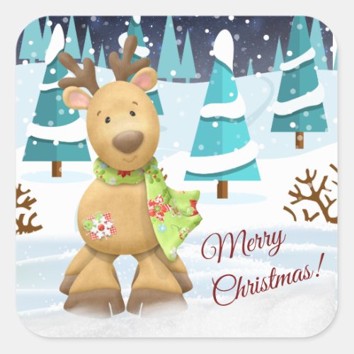 Cute Merry Christmas Winter Cartoon Reindeer Square Sticker