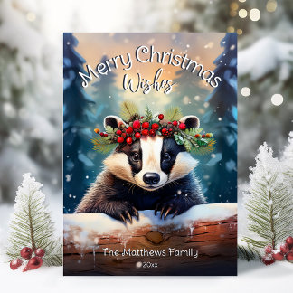 Cute Merry Christmas Wishes Woodland Forest Badger Holiday Card