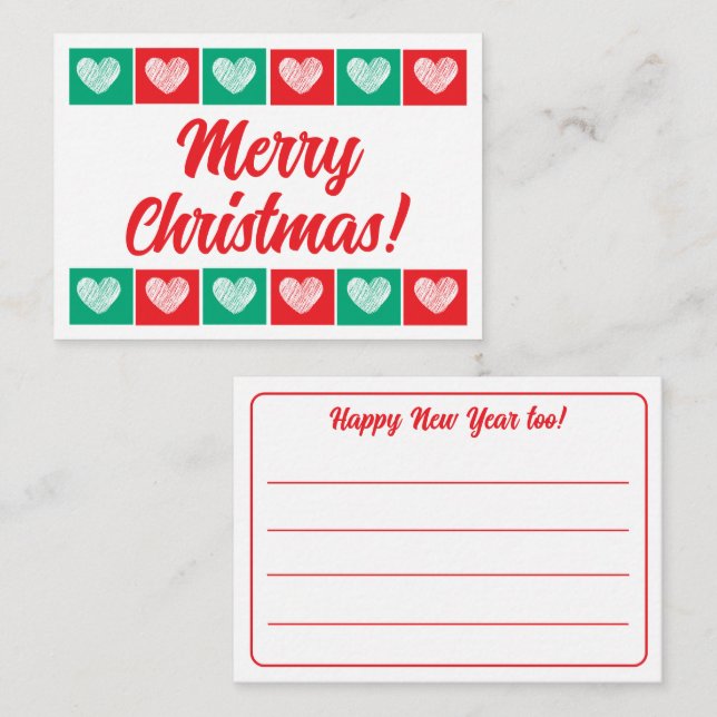 Cute Merry Christmas With Hearts Lined Mini Note Card (Front/Back)