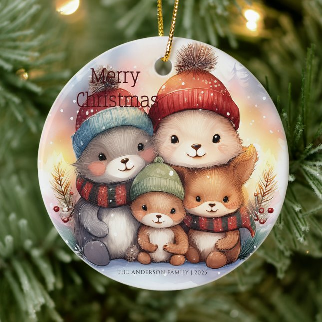 Cute Merry Christmas Woodland Animal Family Ceramic Ornament (Creator Uploaded)