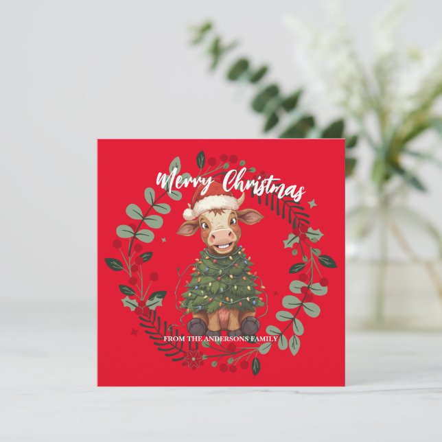 Cute merry Cow Christmas tree calf ox Xmas pattern Holiday Card (Standing Front)