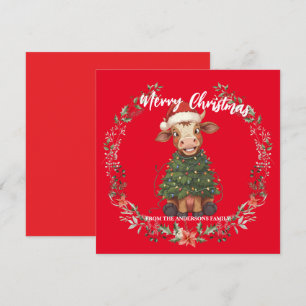 Cute merry Cow Christmas tree calf ox Xmas pattern Holiday Card