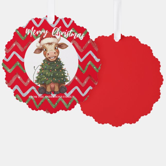 Cute merry Cow Christmas tree calf ox Xmas pattern Ornament Card (Front/Back)
