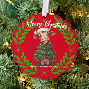 Cute merry Cow Christmas tree calf ox Xmas pattern Ornament Card