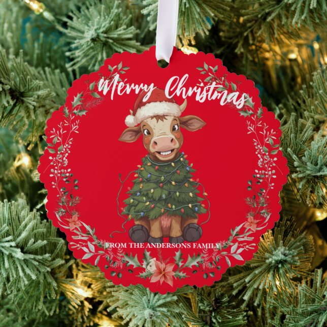 Cute merry Cow Christmas tree calf ox Xmas pattern Ornament Card (Insitu (Tree))