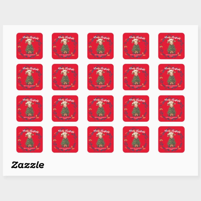 Cute merry Cow Christmas tree calf ox Xmas pattern Square Sticker (Sheet)