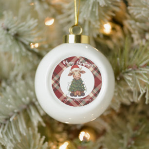 Cute merry Cow Christmas tree calf ox Xmas plaid Ceramic Ball Christmas Ornament