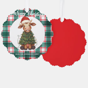 Cute merry Cow Christmas tree calf ox Xmas plaid Ornament Card