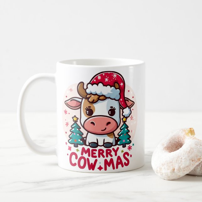 Cute "Merry Cowmas" Christmas Cow Coffee Mug (With Donut)