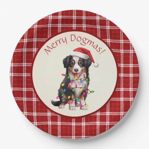 Cute Merry Dogmas American Shepherd Red Plaid Paper Plates