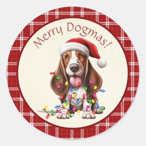 Cute Merry Dogmas Basset Hound Red Plaid Classic Round Sticker