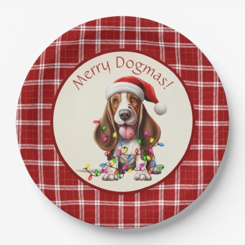 Cute Merry Dogmas Basset Hound Red Plaid Paper Plates