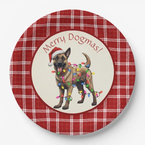 Cute Merry Dogmas Belgian Malinois Red Plaid Paper Plates