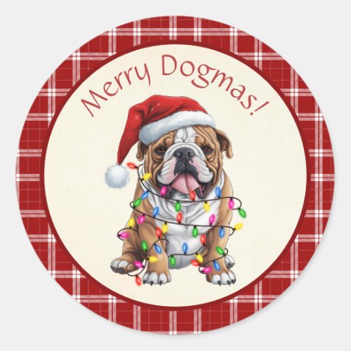 Cute Merry Dogmas Bulldog Red Plaid Classic Round Sticker