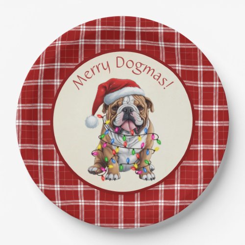 Cute Merry Dogmas Bulldog Red Plaid Paper Plates