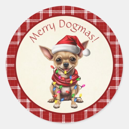 Cute Merry Dogmas Chihuahua Red Plaid Classic Round Sticker