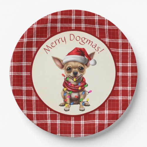 Cute Merry Dogmas Chihuahua Red Plaid Paper Plates