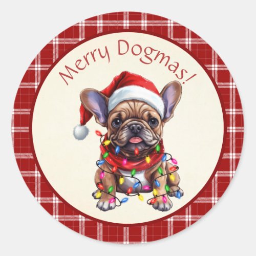 Cute Merry Dogmas French Bulldog Red Plaid Classic Round Sticker