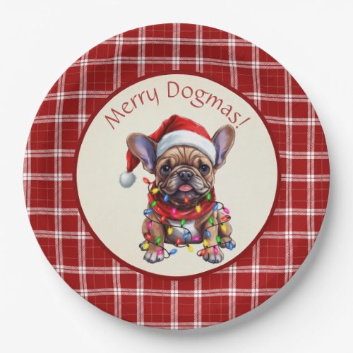 Cute Merry Dogmas French Bulldog Red Plaid Paper Plates