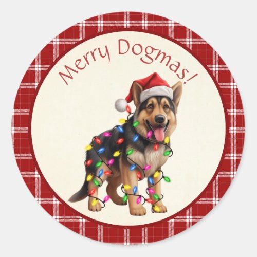 Cute Merry Dogmas German Shepherd Red Plaid Classic Round Sticker