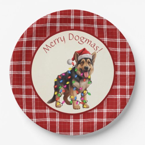 Cute Merry Dogmas German Shepherd Red Plaid Paper Plates