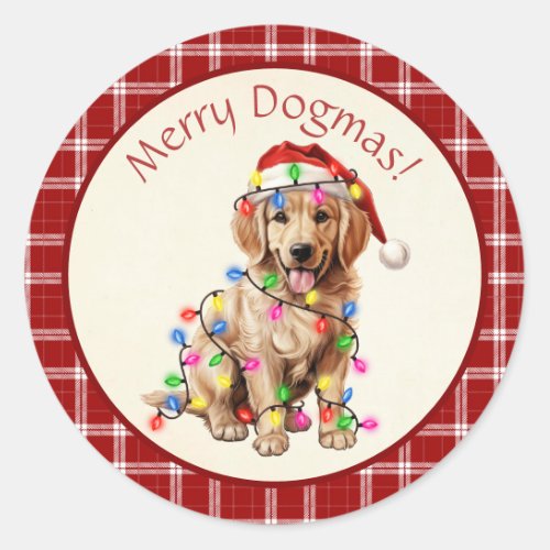 Cute Merry Dogmas Golden Retriever Red Plaid Classic Round Sticker