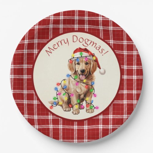 Cute Merry Dogmas Golden Retriever Red Plaid Paper Plates