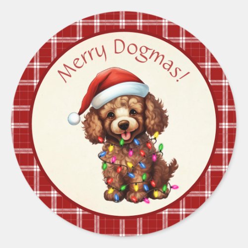 Cute Merry Dogmas Poodle Red Plaid Classic Round Sticker