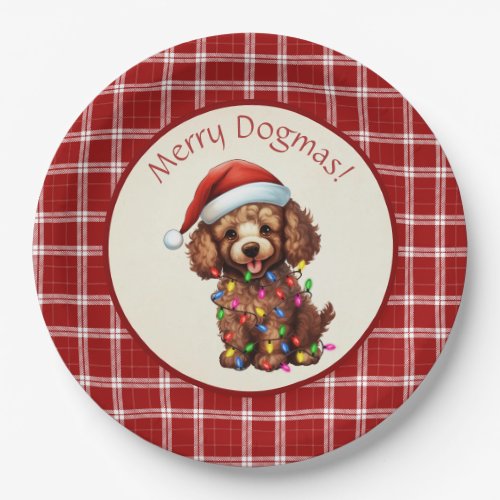 Cute Merry Dogmas Poodle Red Plaid Paper Plates