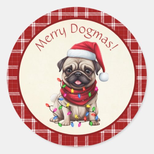 Cute Merry Dogmas Pug Dog Red Plaid Classic Round Sticker