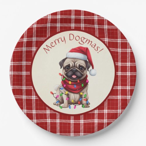 Cute Merry Dogmas Pug Dog Red Plaid Paper Plates