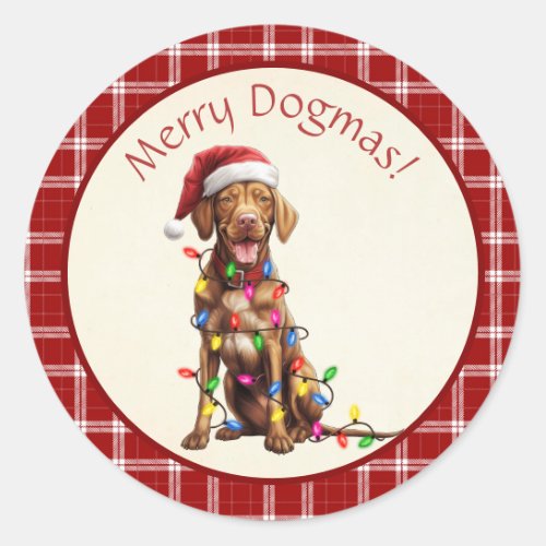 Cute Merry Dogmas Vizsla Red Plaid Classic Round Sticker