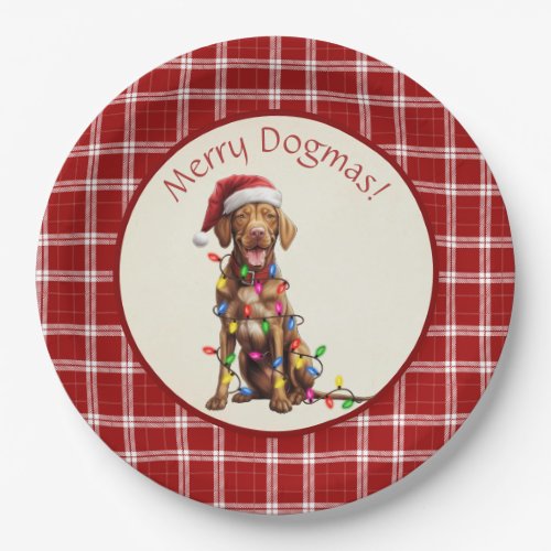 Cute Merry Dogmas Vizsla Red Plaid Paper Plates