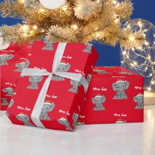 Cute merry elephant Christmas tree zoo safari Xmas Wrapping Paper