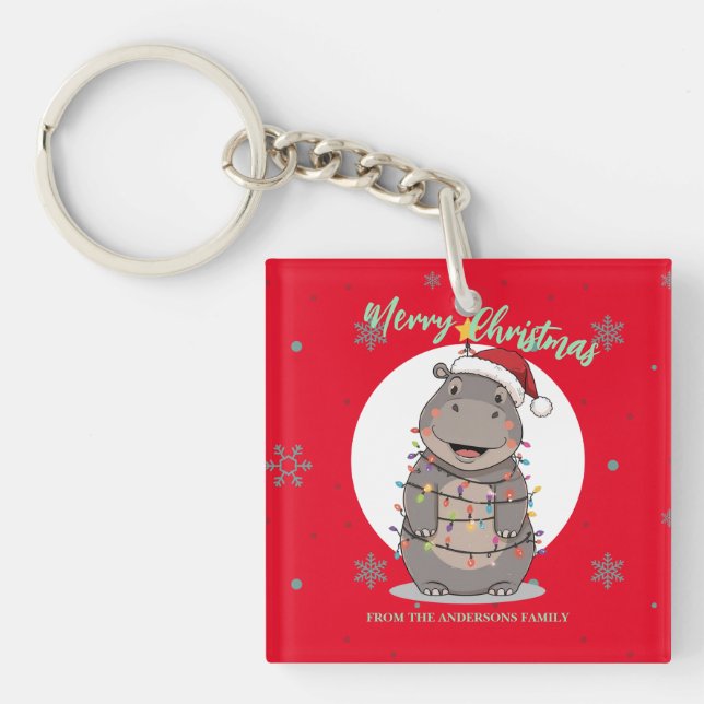 Cute merry Hippo christmas tree zoo safari Xmas  Keychain (Front)