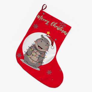 Cute merry Hippo christmas tree zoo safari Xmas Large Christmas Stocking