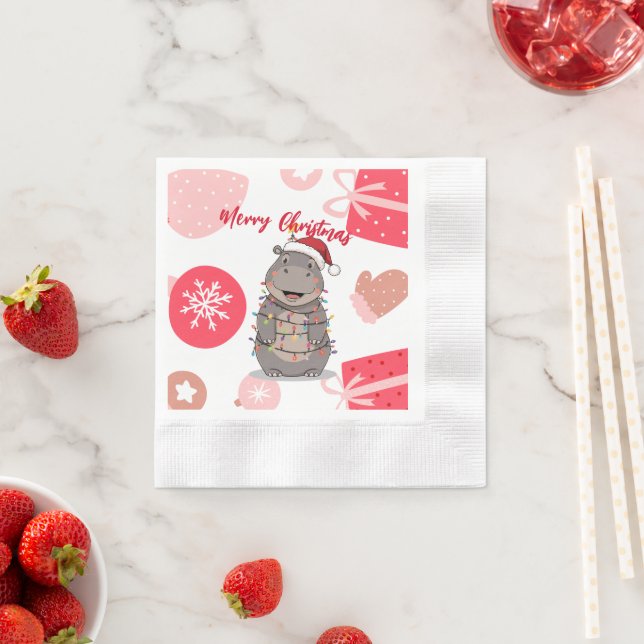 Cute merry Hippo christmas tree zoo safari Xmas  Napkins (Insitu)