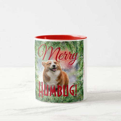 Cute Merry Humbug Dog Photo Christmas Wreath Two_Tone Coffee Mug